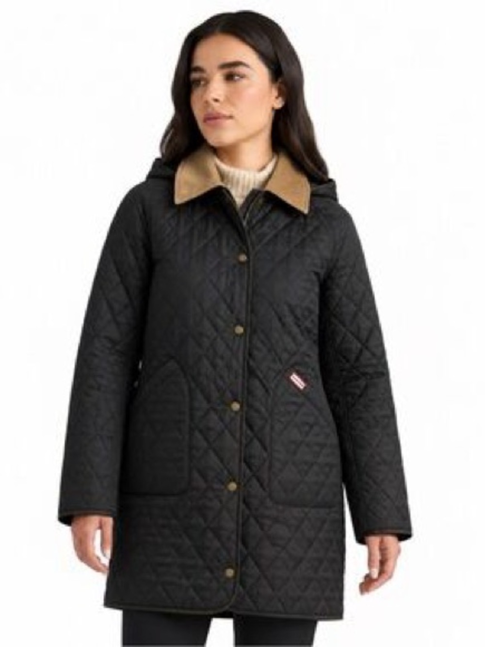 NWT Hunter Alison Black Quilted Puffer Coat with Tan Collar